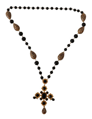 Gold Tone Brass Leopard Cross Chain Black Crystal Necklace