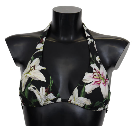 Black Lilies Print Nylon Swimwear Bikini Tops