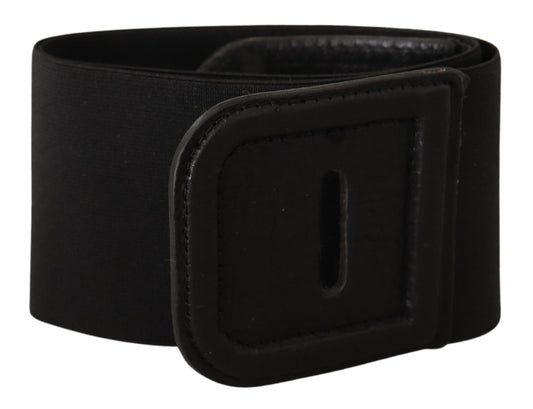 Black Leather Wide Stretch Waistband Silver Belt