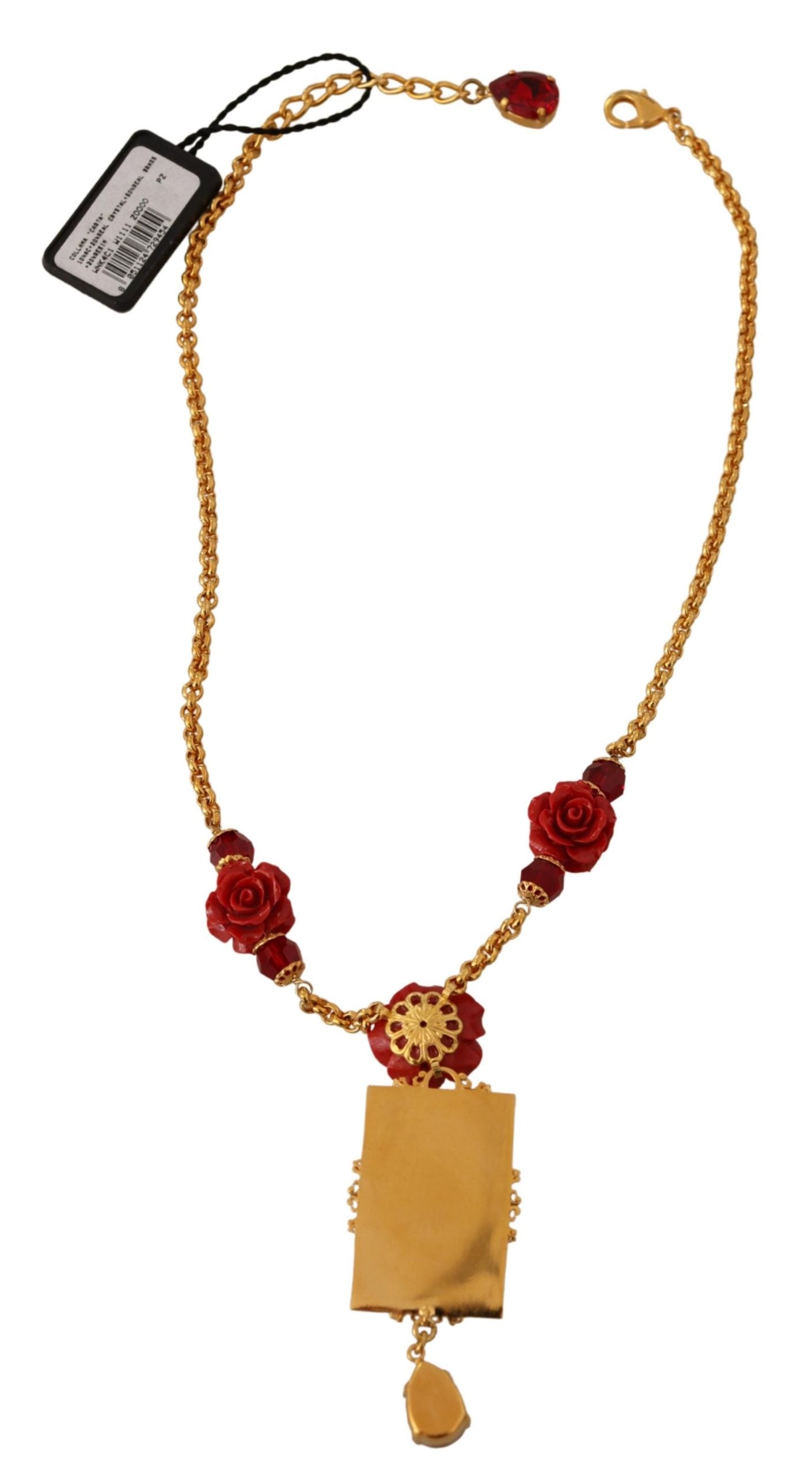 Gold Brass Flower Card Deck Crystal Pendant Necklace