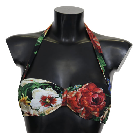 Black Floral Print Nylon Swimwear Bikini Tops