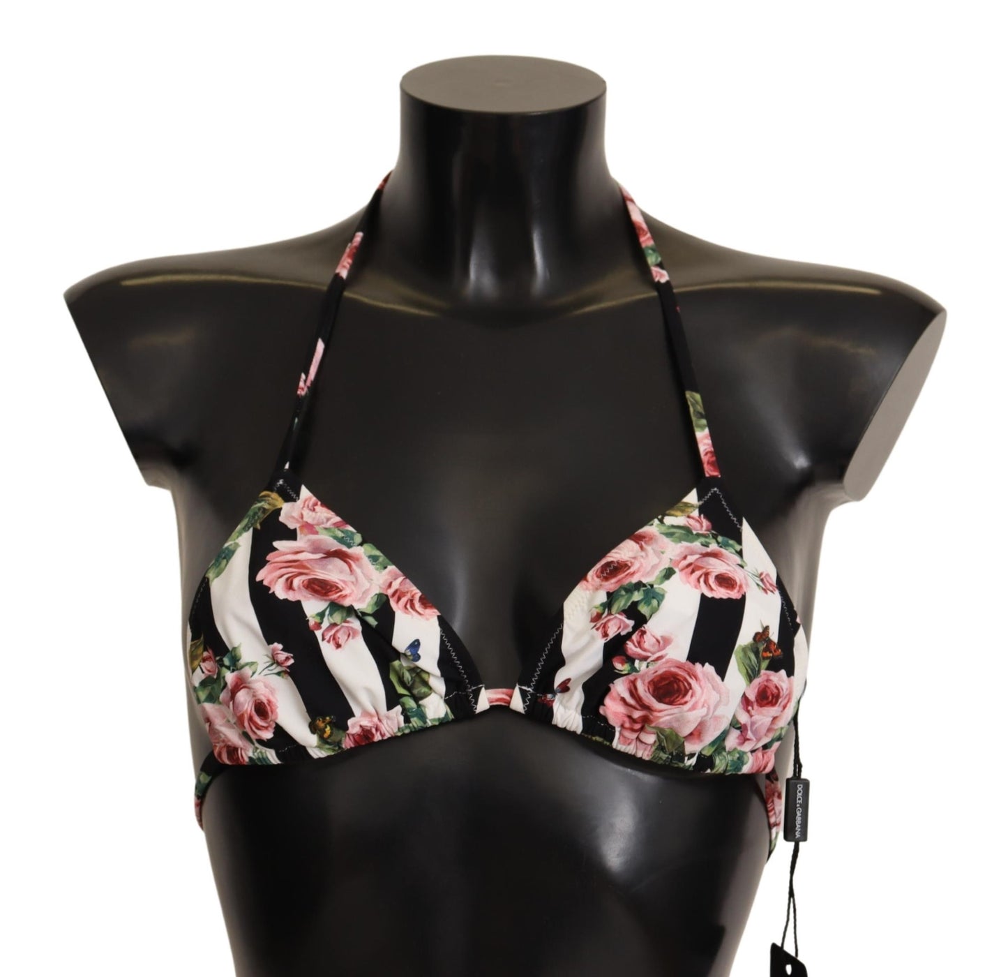Black White Striped Floral Print Swimwear Bikini