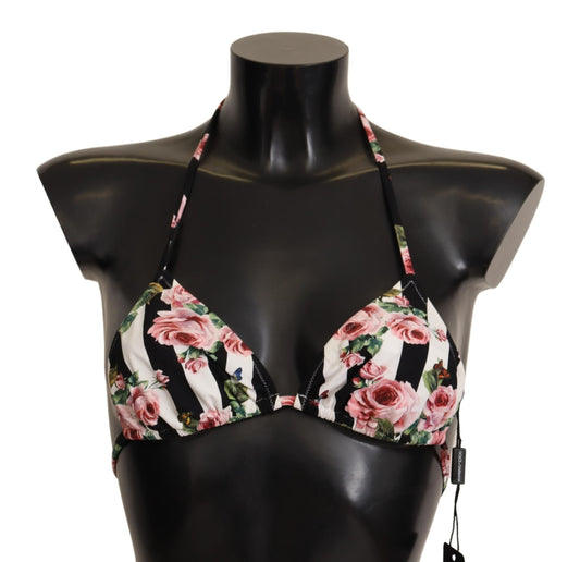 Black White Striped Floral Print Swimwear Bikini