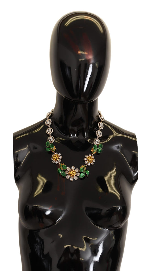 Gold Brass Margherite Crystal Flower Pendant Necklace