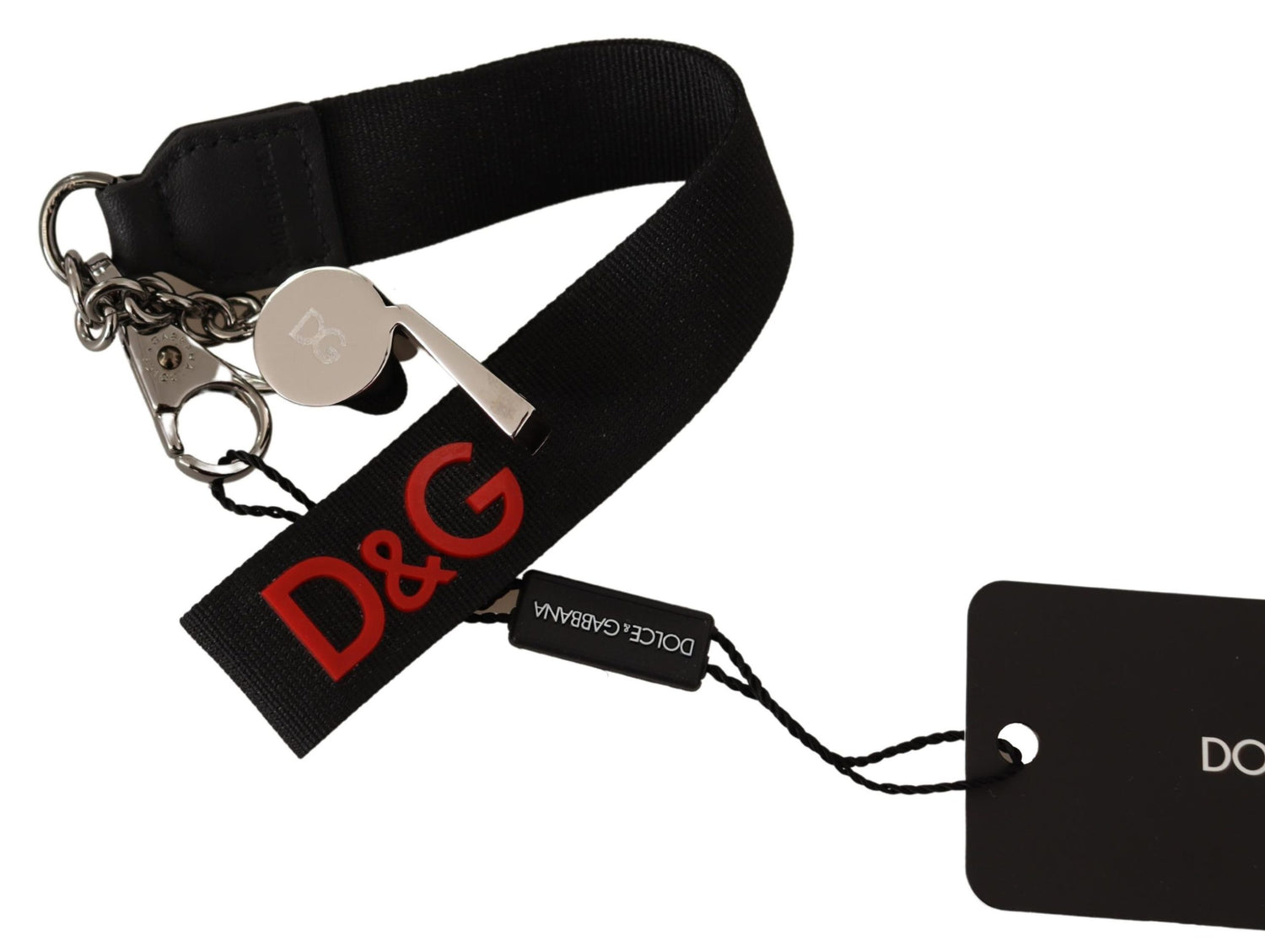 Black Polyester DG Embossed Silver Whistle Keychain