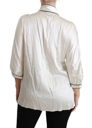 Beige 3/4 Sleeve Shirt Blouse Silk Top