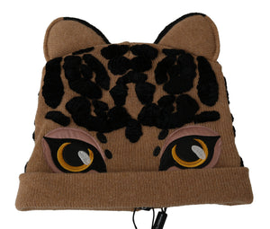 Brown Cashmere Knitted Animal Design Beanie Hat