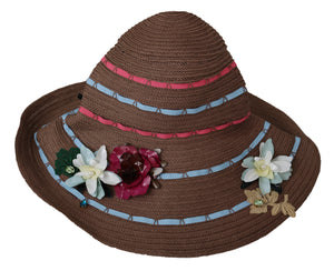 Brown Floral Wide Brim Straw Floppy Cap Hat
