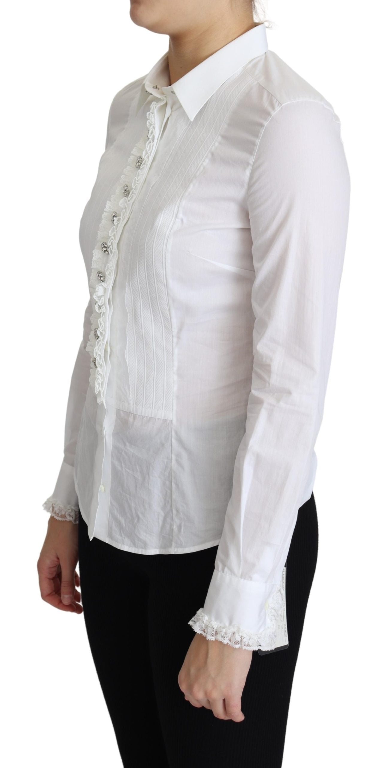 White Cotton Crystal Button Collared Top