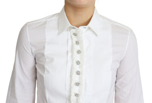 White Cotton Crystal Button Collared Top