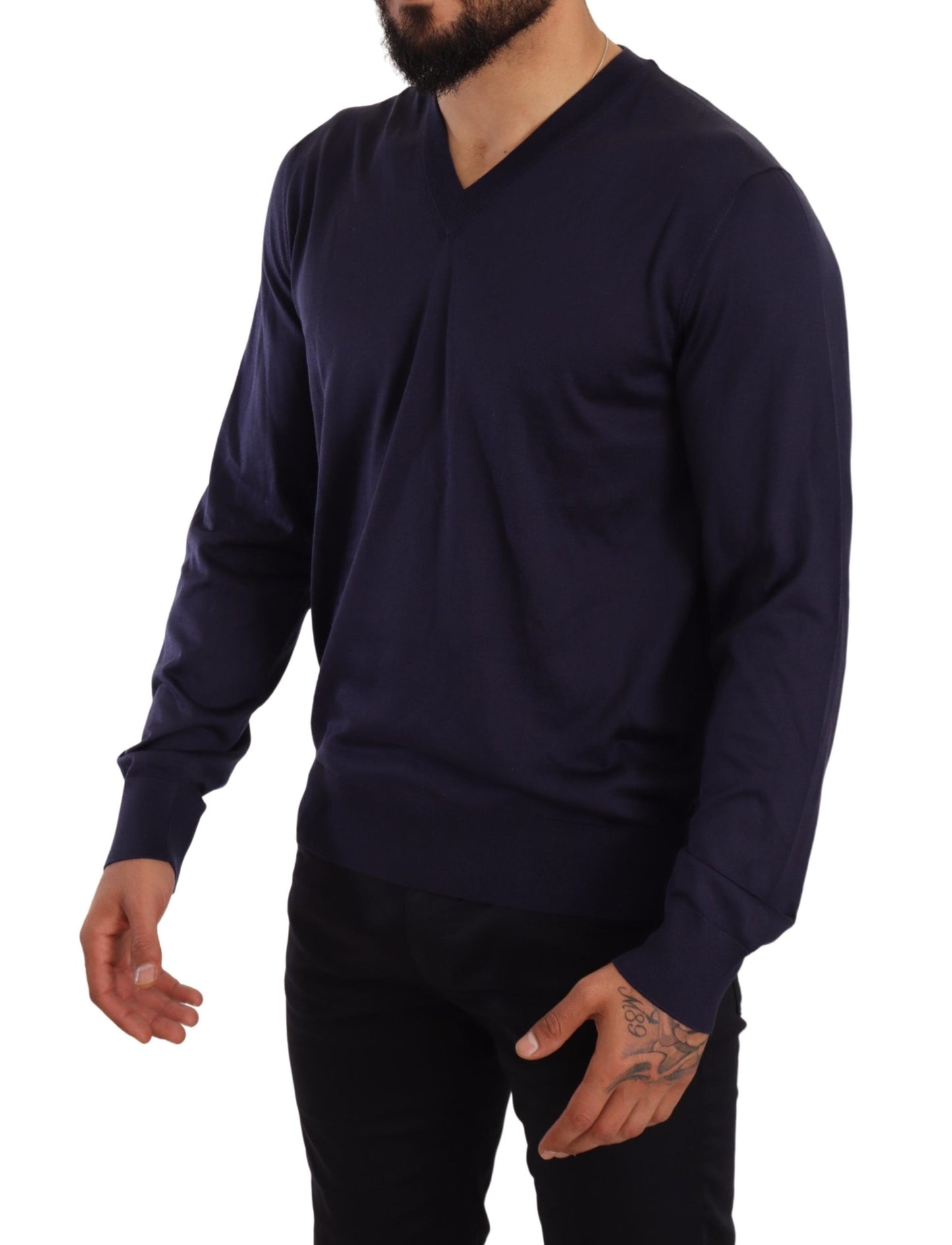 Dark Blue Silk Vneck Long Sleeves Tee Sweater