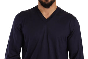 Dark Blue Silk Vneck Long Sleeves Tee Sweater