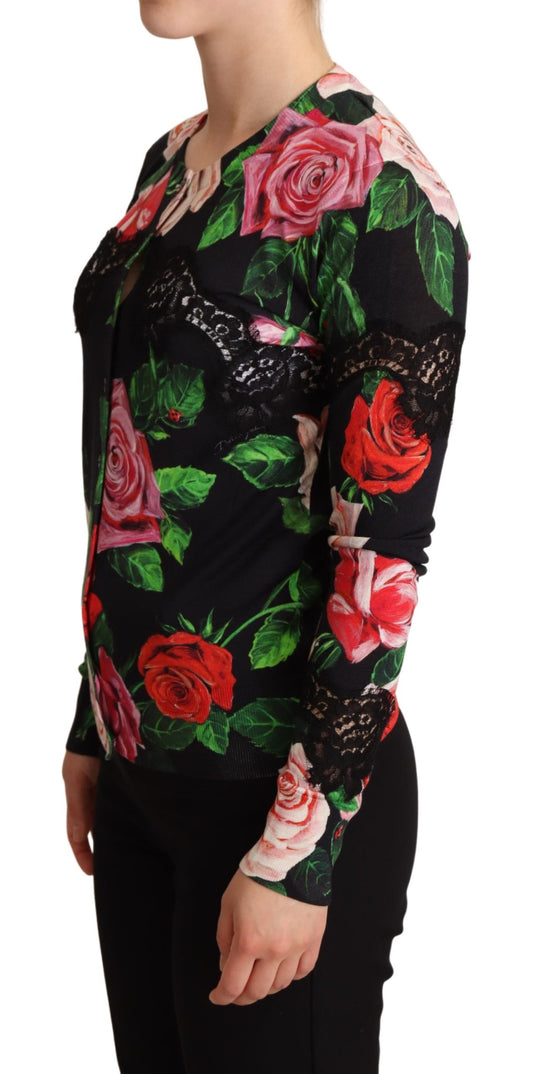 Black Floral Print Silk Blend Cardigan Sweater