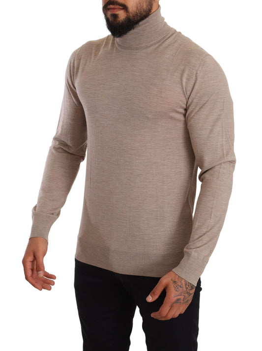 Beige Virgin Wool Turtleneck Pullover Sweater