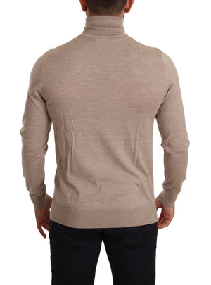 Beige Virgin Wool Turtleneck Pullover Sweater