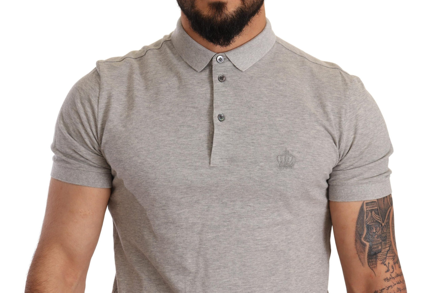Gray Cotton Logo Embroidery Polo T-shirt