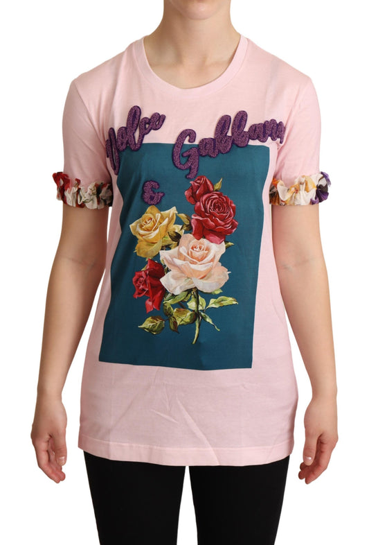 Pink Cotton Floral Roses Crewneck T-shirt