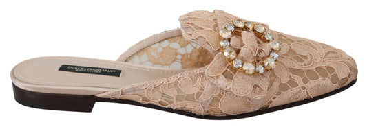 Pink Lace Crystal Flats Sandals Slide Shoes