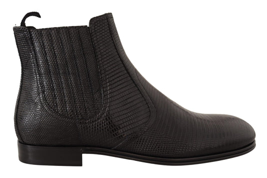 Black Leather Lizard Skin Ankle Boots