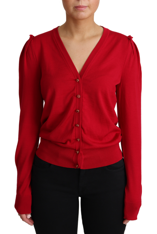 Red Wool Deep V-neck Women Cardigan Sweater