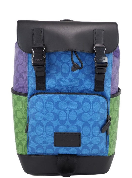 (C9837) Signature Canvas Blue Leather Colorblock Flap Backpack Bookbag