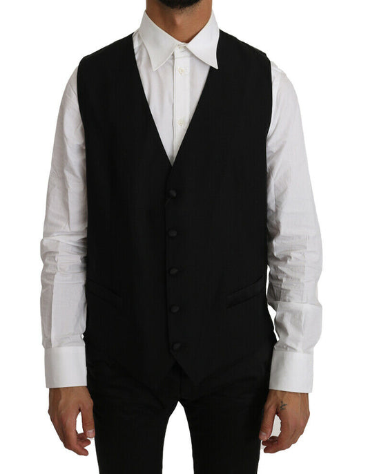 Black Solid Wool Silk Vest
