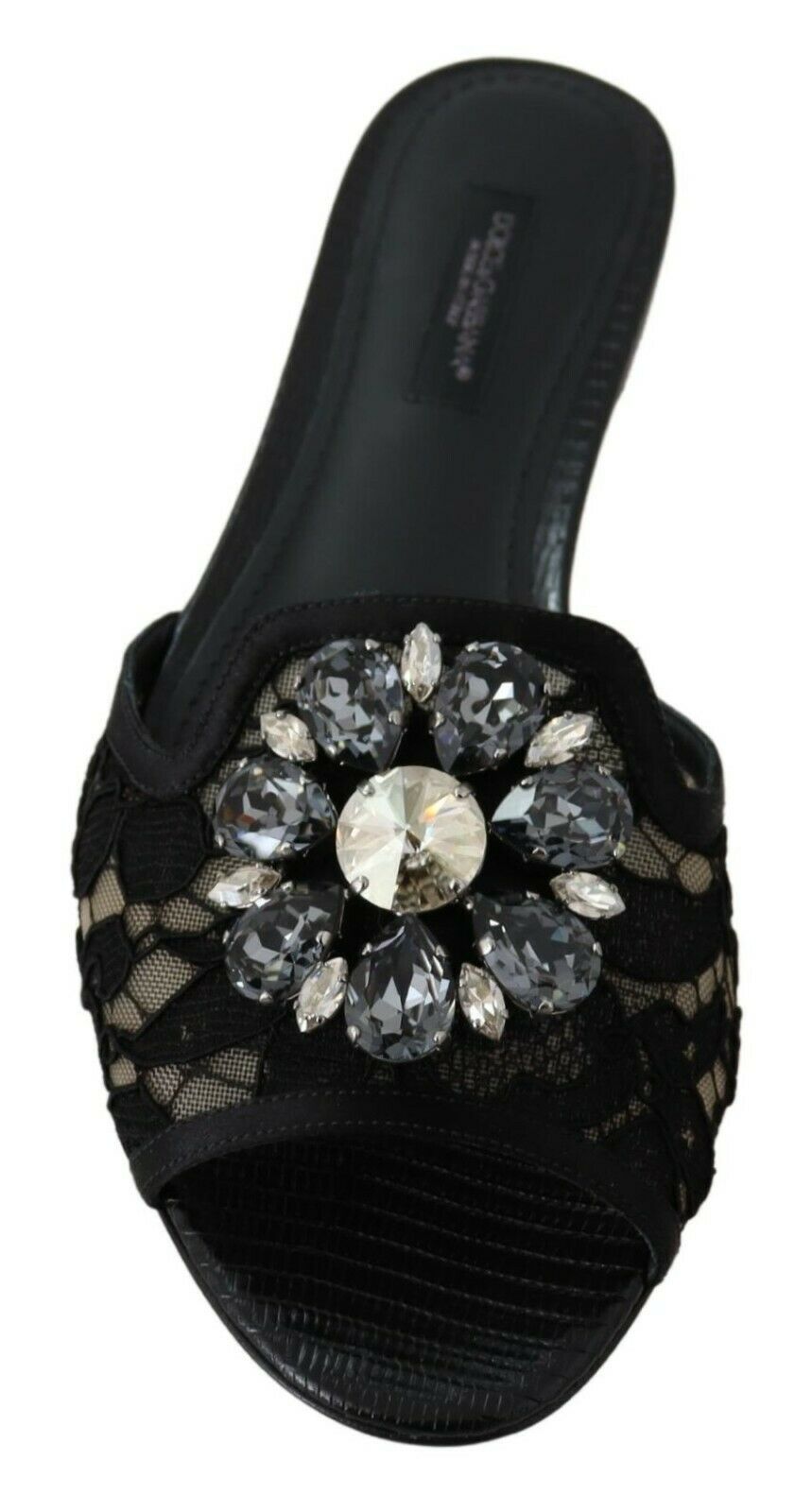Black Taormina Lace Slides Crystals Flats Shoes
