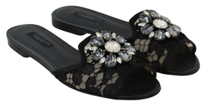 Black Taormina Lace Slides Crystals Flats Shoes
