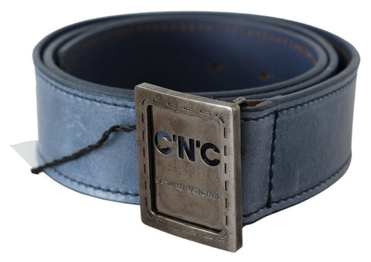 Blue Normal Leather Logo Buckle Belt