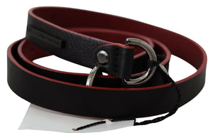 Black Red Skinny Leather Logo Belt