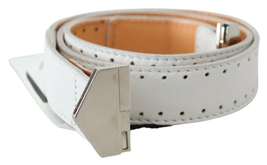 White Leather Hexagon Logo Buckle Waist Belt