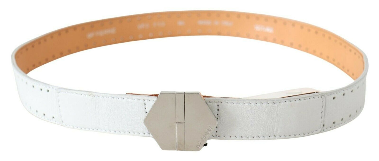 White Leather Hexagon Logo Buckle Waist Belt