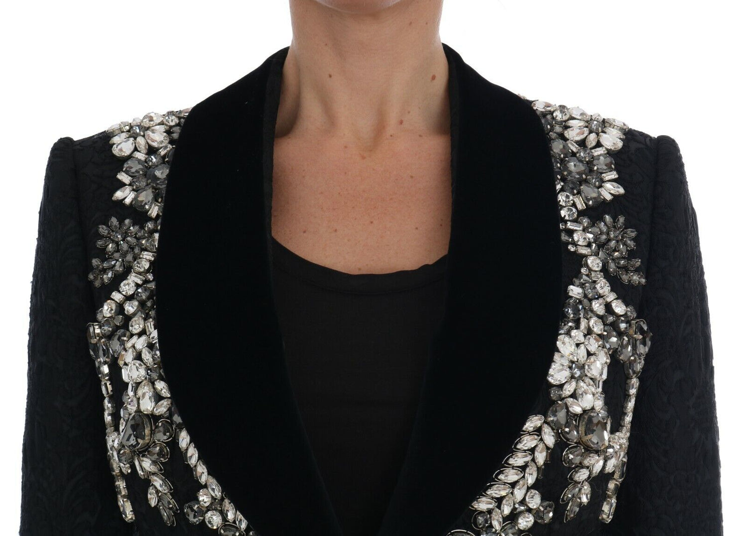 Black Crystal Embellished Jacket Blazer Brocade