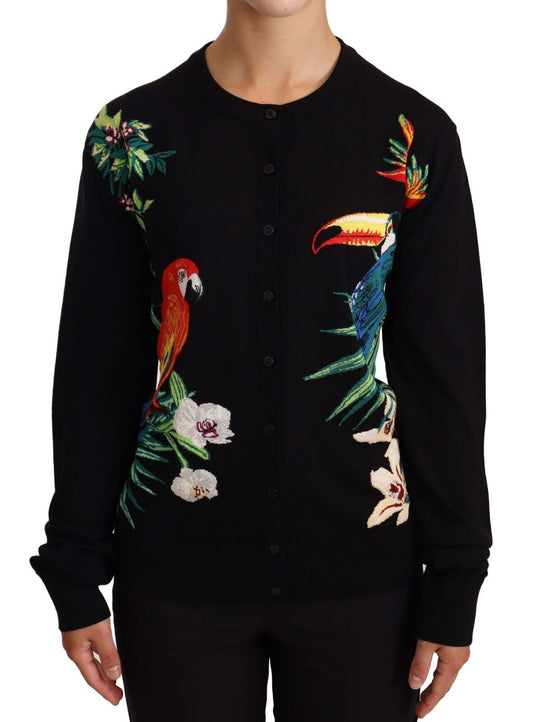 Black Wool Bird Embroidered Cardigan Sweater