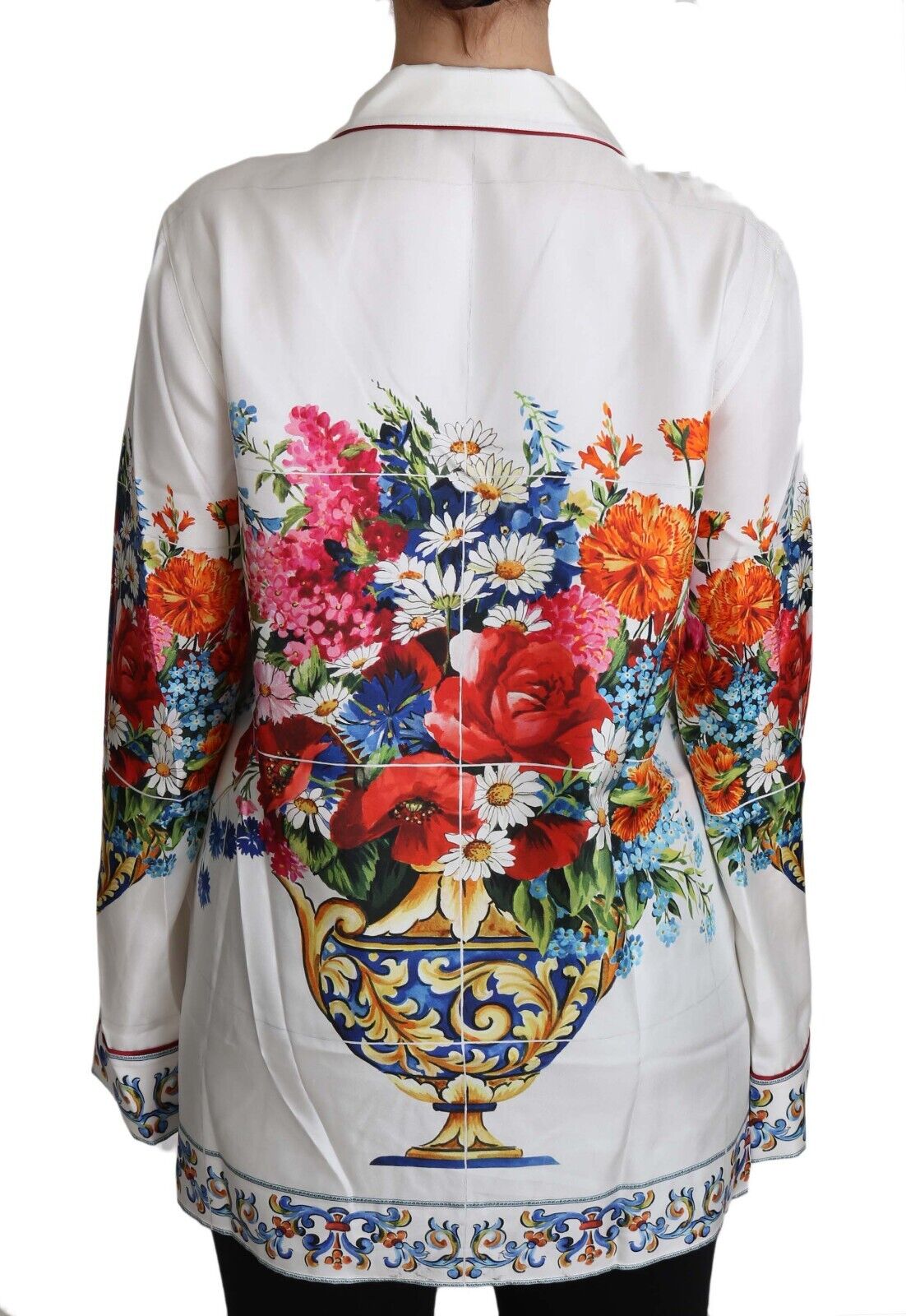 White Flower Vase Print Silk Lounge Blouse Top