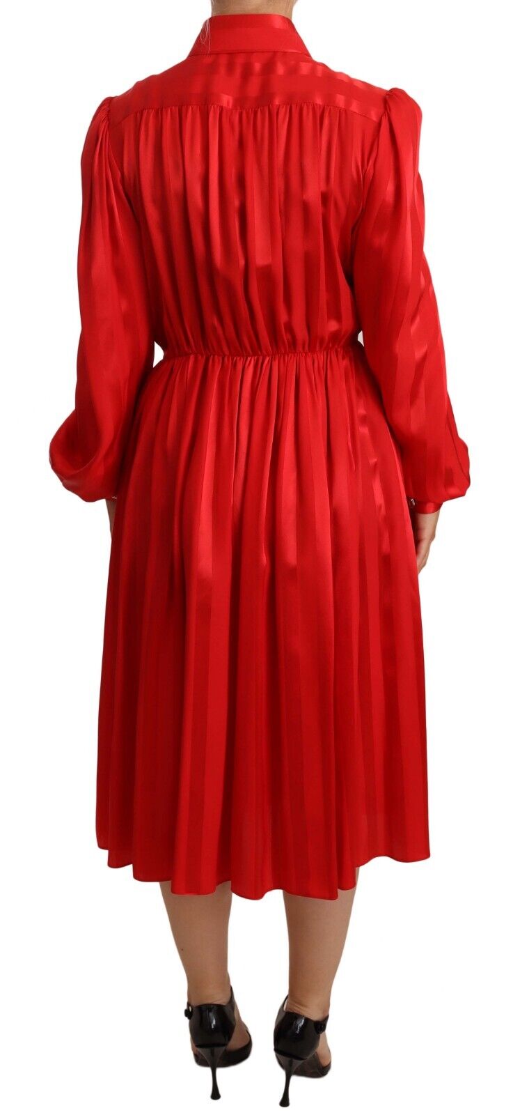 Silk Scarlet Red Puffed Sleeves Midi Dress