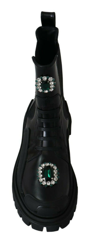 Black Leather Crystal Combat Boots