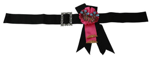 Black Pink Flower Brooch Crystals Cotton Belt
