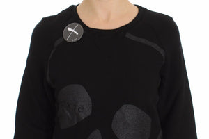 Black Cotton Motive Print Crewneck Pullover Sweater