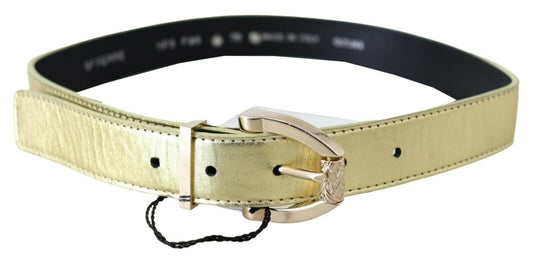 Gold Leather Shiny Logo Buckle Waist Belt