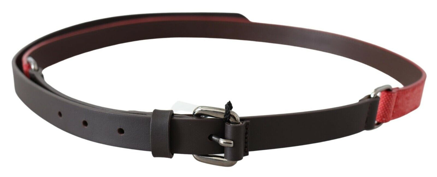 Red Brown Leather Silver Logo Buckle Waist Belt